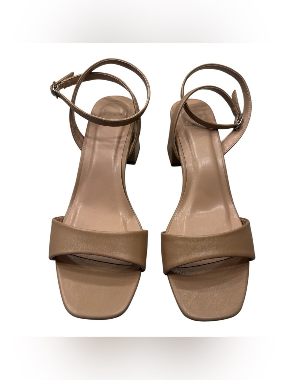 A New Day Beige Ankle Strap Block Heel Sandals Square Toe Size 8